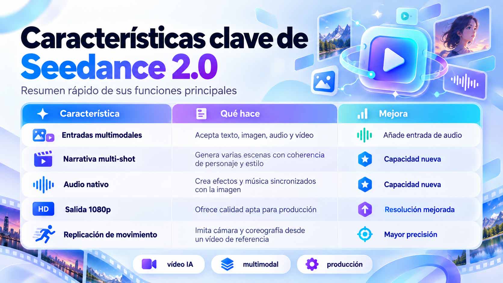 Características de Seedance 2.0: multimodal, audio nativo, narrativa y replicación de movimiento
