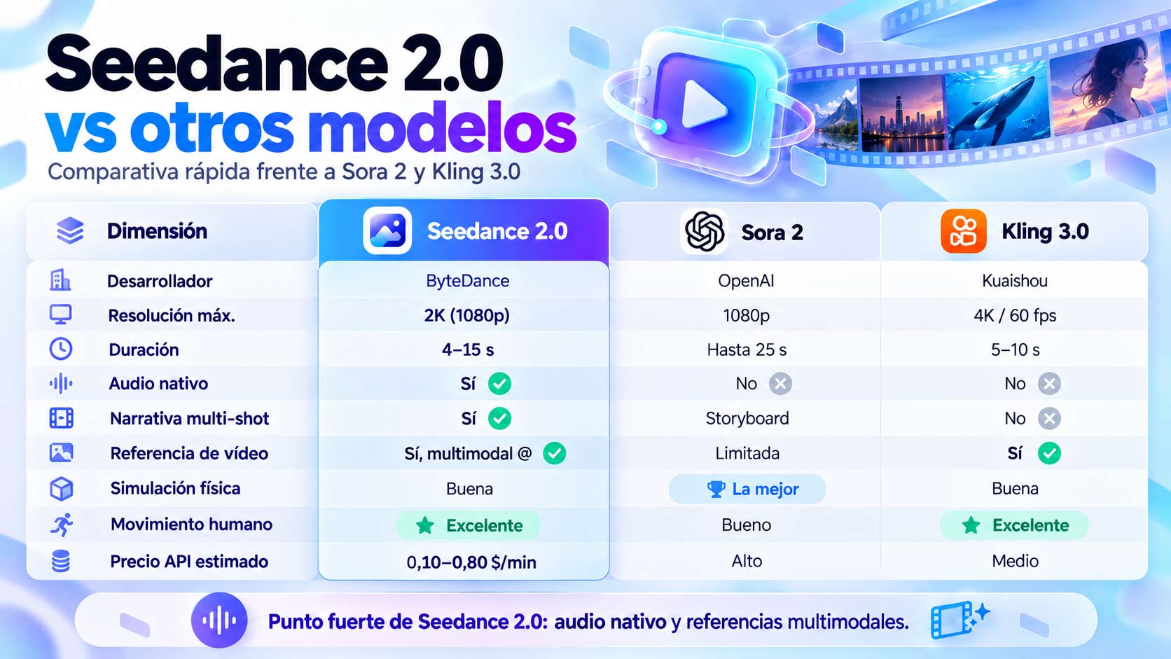 Comparativa orientativa de Seedance 2.0 con otros modelos de generación de vídeo IA
